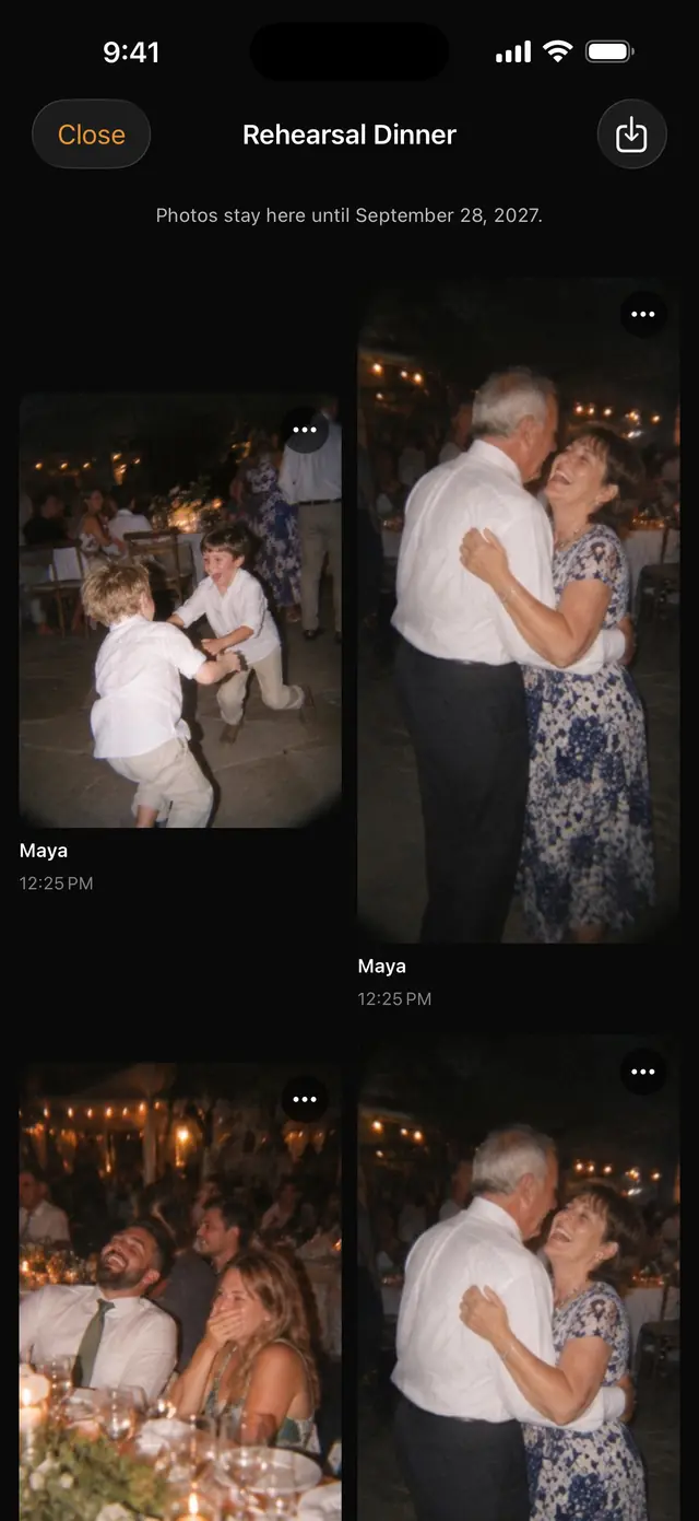 The album in the iPhone app after the reveal: photos from different guests, each with a name and a time.