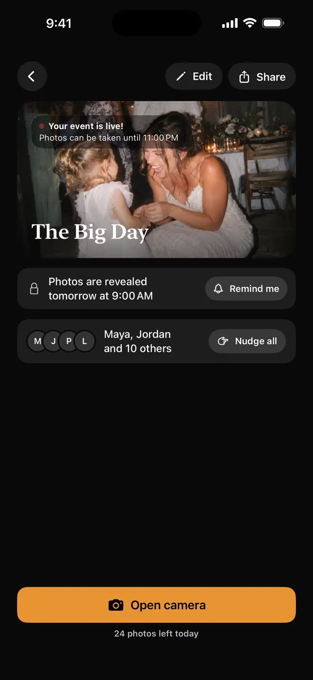 The host’s screen while the camera is open: the chapter’s cover photo, the line “Photos are revealed tomorrow at 9:00 AM”, the guests who have joined, and a button to open the camera.
