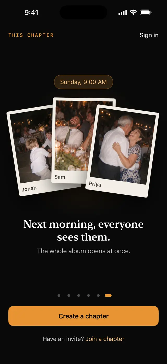 The morning of the reveal: three photos from three guests, with the line “Next morning, everyone sees them.”